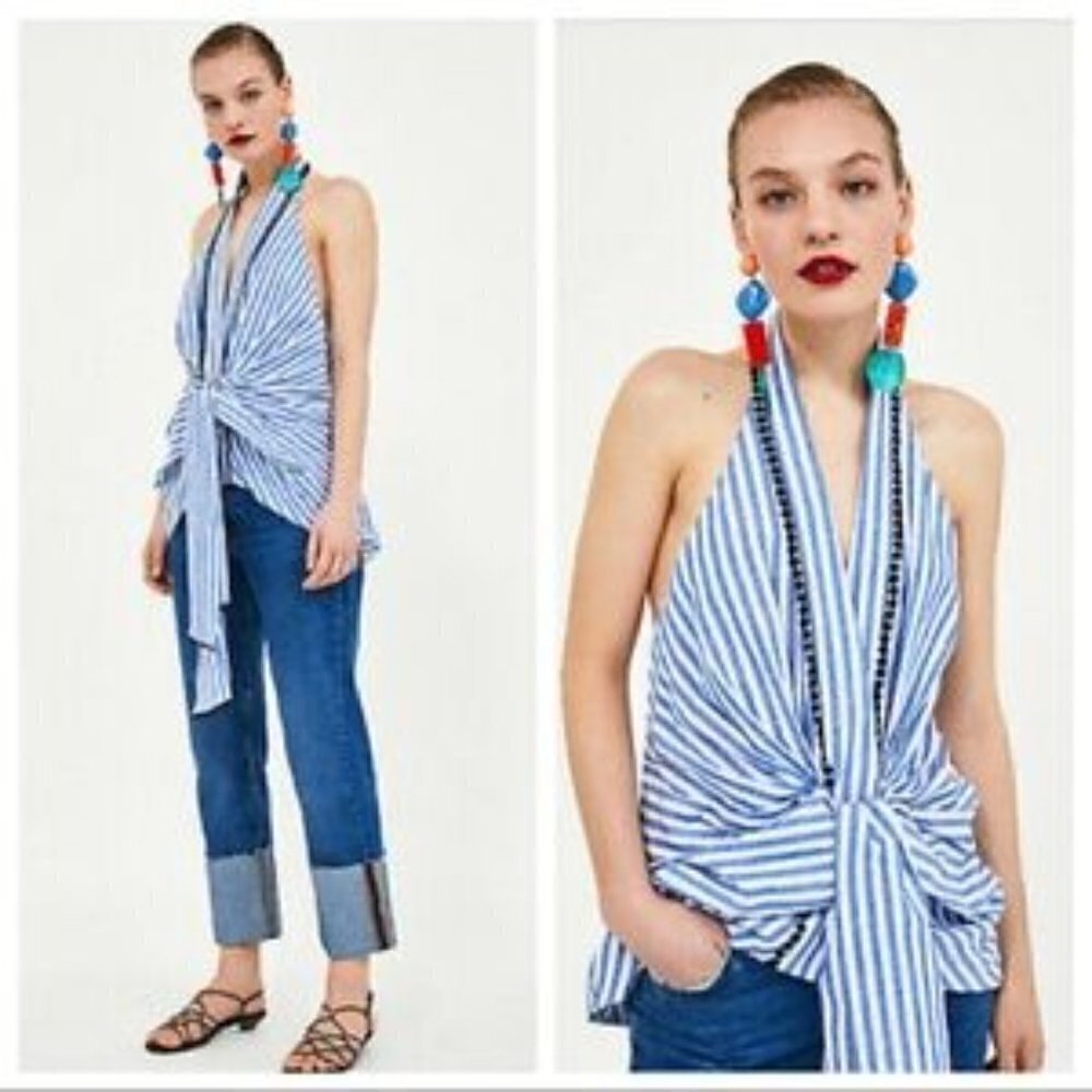 Zara Blue & White‎ Stripe Tie Front Halter Tank Top XS